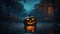 Halloween Jack-o\\\'-lantern in a spooky lake, spooky and scary night background, Trick or treat, October, autumn