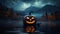 Halloween Jack-o\\\'-lantern in a spooky lake, spooky and scary night background, Trick or treat, October, autumn