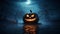 Halloween Jack-o\\\'-lantern in a spooky lake, spooky and scary night background, Trick or treat, October, autumn