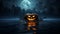 Halloween Jack-o\\\'-lantern in a spooky lake, spooky and scary night background, Trick or treat, October, autumn