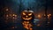 Halloween Jack-o\\\'-lantern in a spooky lake, spooky and scary night background, Trick or treat, October, autumn