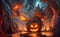 Halloween jack-o-lanterns, wallpaper, poster, hell party invitation card. Generative AI