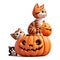 Halloween Kawaii Kittens playing with a small pumpkin. generative AI