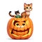 Halloween Kawaii Kittens playing with a small pumpkin. generative AI