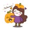 Halloween kids cartoon, jack o lantern icons, fancy party vector kawaii girl character, trick or treat bucket, fancy dress costu