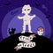 Halloween Kids costume party. A Kid in costume mummy, a black cat with a bucket of sweets. Night sky background. Cute