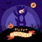 Halloween Kids costume party. A Kid in a werewolf costume with a bucket of sweets. Night sky background, silhouette