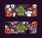 Halloween kids costume trick or treat party costumes characters. Little child people Halloween bat, candy, ghost, zombie