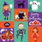 Halloween kids costume trick or treat party costumes vector characters. Little child people Halloween bat, candy, ghost