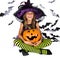 Halloween kids, Happy scary girl dressed up in halloween costume of witch, sorcerer for pumpkin patch and halloween party