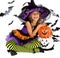Halloween kids, Happy scary girl dressed up in halloween costumes of witch, sorcerer and vampire Dracula for pumpkin patch