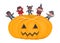 Halloween kids party template. Children in costumes dance on Halloween pumpkin. Diverse group of kids have fun