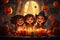 Halloween kids with pumpkins celebrating in dark room. AI generated.