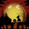 Halloween landscape, ghosts, pumpkins and witch