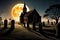 Halloween landscape with graveyard by old church at moonlit night
