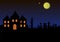 Halloween landscape house castle with burning windows and gothic views