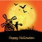 Halloween landscape with a mill, moon, boy and pumpkin and the inscription of happy halloween