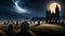 Halloween landscape with old cemetery by church at moonlit night
