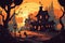 Halloween landscape with old houses and trees. Vector cartoon illustration