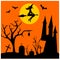 Halloween landscape. The witch flies on a broomstick against the background of the moon over a gloomy cemetery and