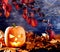 Halloween lantern pumpkin in dark sky clouds