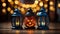 Halloween lanterns on wooden table with bokeh background