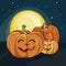 Halloween laughing pumpkins under the moonlight. Vector illustration. Halloween poster.
