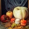 Halloween layout with candle, pumpkins, grapes and yellow leaves. Black background, close up. Thanksgiving concept