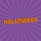 Halloween Lettering 3D text banner with sad orange pumpkin silhouette. Greeting card. Flat design. Violet baby starburst sunburst