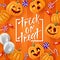 Halloween lettering background, funny pumpkins and balloons. Greeting card for party and sale. Autumn holidays. Vector illustratio