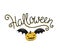 Halloween lettering greeting card. Vector holiday poster. Hand drawn stylish illustration with text and pumpkin with wings.