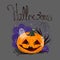 Halloween lettering with pumpkin smile scary face, cute ghosts and spider web isolated on grey background