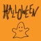 Halloween lettering, vector illustration. Black hand drawn letters isolated on orange with funny smiling ghost