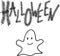 Halloween lettering, vector illustration. Black hand drawn letters isolated on white with funny smiling ghost