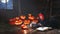 Halloween. little witch child cooking potion with pumpkin and