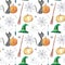 Halloween magic hats and black cats seamless pattern. Spooky Halloween background