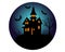 Halloween mansion with bats silhouette - vector round illustration. Illustration for the holiday Halloween - a scary house.