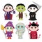 Halloween masquerade, cute children costumes. Funny characters. Invitation card for party and sale. Autumn holidays.