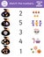 Halloween matching game with trick or treat sweets and sack. Autumn math activity for preschool children. Educational printable