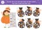 Halloween matching game with trick or treat sweets and sacks. Autumn math activity for preschool children. Educational printable