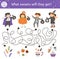 Halloween maze for children. Autumn preschool printable educational activity with kids in costumes. Funny day of the dead game or