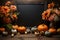 Halloween mockup space with pumpkins, flowers and fallen leaves. Black board with autumn holiday decoration