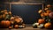 Halloween mockup space with pumpkins, lantern and fallen leaves. Black board with autumn holiday decoration with copy space.