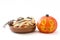 Halloween mummies mini pizzas and halloween pumpkin isolated