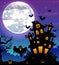 Halloween night background with black ghost and pumpkins and scary castle in graveyard