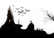 Halloween night background with a castle and cemetery,  illustration isolated on white background with copy space