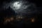 Halloween night background. Cemetery or graveyard in the night with dark sky. Haunted cemetery. Spooky and creepy burial ground.