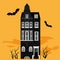 Halloween night background with creepy castle and bats banner, greeting card, party poster. Spooky mansion silhouette