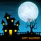 Halloween night background with creepy castle and dry tree in graveyard