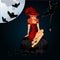 Halloween night background with creepy castle, witch and pumpkins